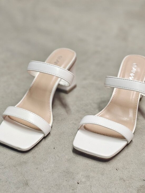 Shoes - White Faux Leather Block Heel Sandals With Double Straps & Square Toe For Women